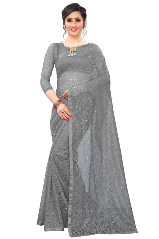 Self Design Bollywood Net Saree  (Grey)