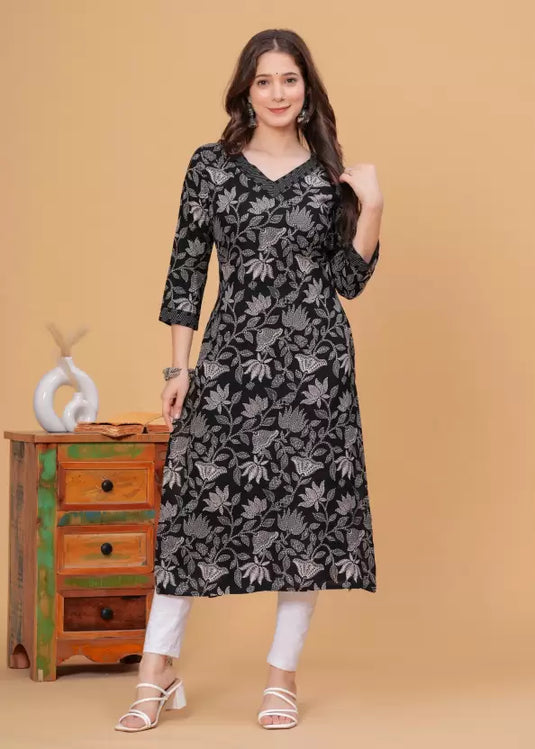 Women Printed Viscose Rayon Straight Kurta  (Black)