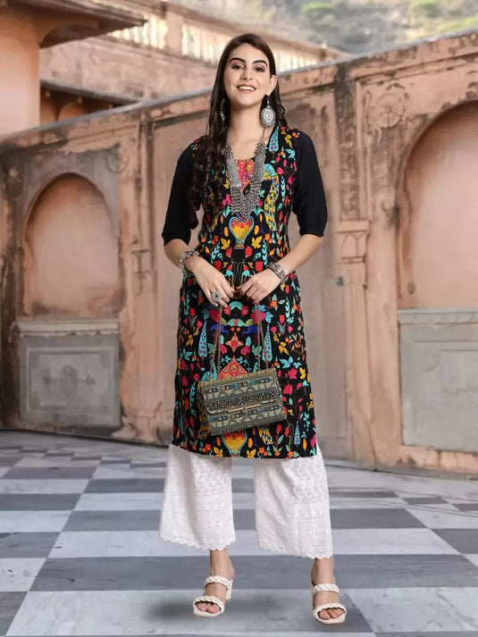 Women Woven Design Crepe A-line Kurta  (Multicolor)