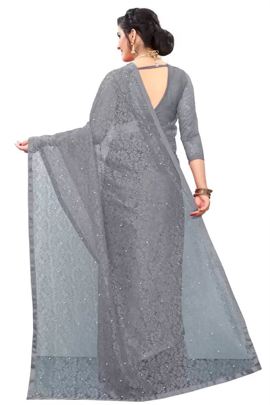 Self Design Bollywood Net Saree  (Grey)