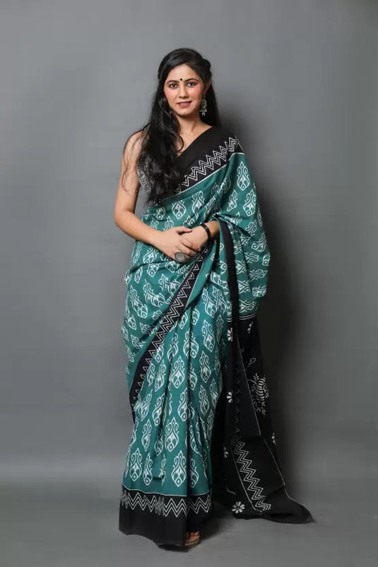 Printed, Color Block, Blocked Printed Daily Wear Pure Cotton Saree  (Green)