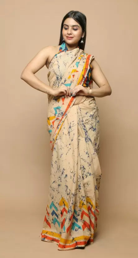 Printed, Color Block, Blocked Printed, Floral Print, Dyed Daily Wear Pure Cotton Saree  (Yellow)