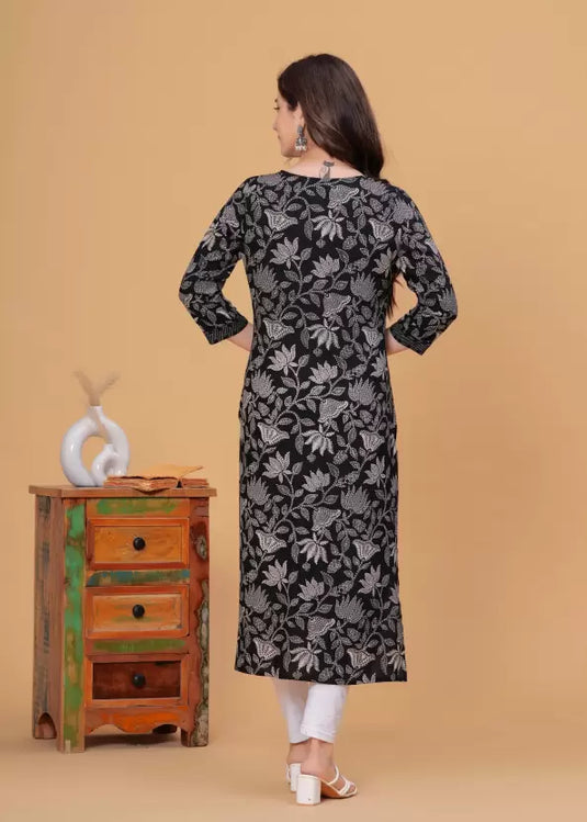 Women Printed Viscose Rayon Straight Kurta  (Black)