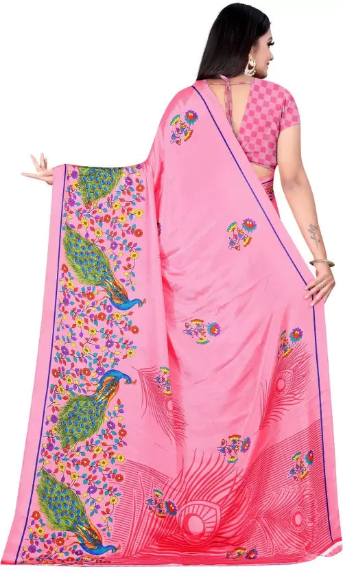 Printed Daily Wear Crepe Saree  (Pink)