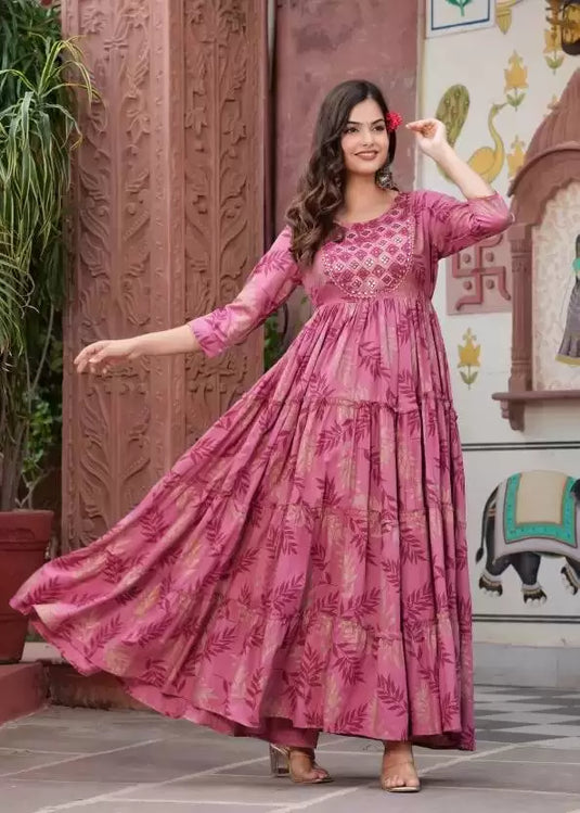 Women Printed Viscose Rayon Anarkali Kurta  (Pink)